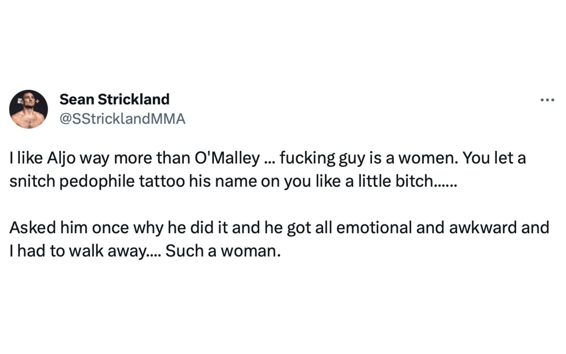 Strickland&#039;s tweet about O&#039;Malley&#039;s &#039;69&#039; tattoo. [via Twitter @SStricklandMMA]