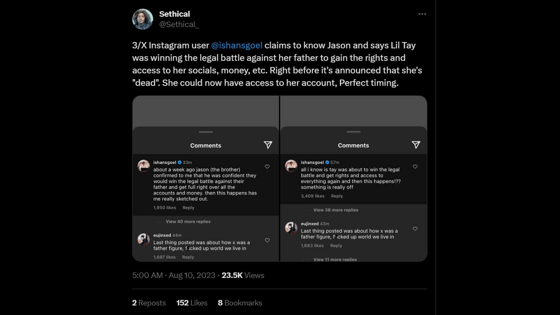 A post mentioning how Claire Hope was reportedly winning the legal battle against her father days before her alleged death. (Image via Twitter/Sethical)