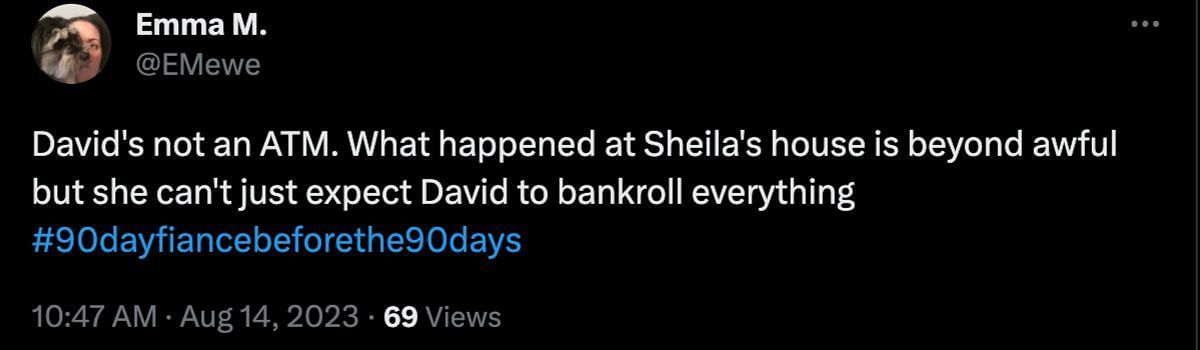 Fans react to Sheila and David talking money in Before the 90 Days (Image via Twitter/@Ego_Akokwalam)