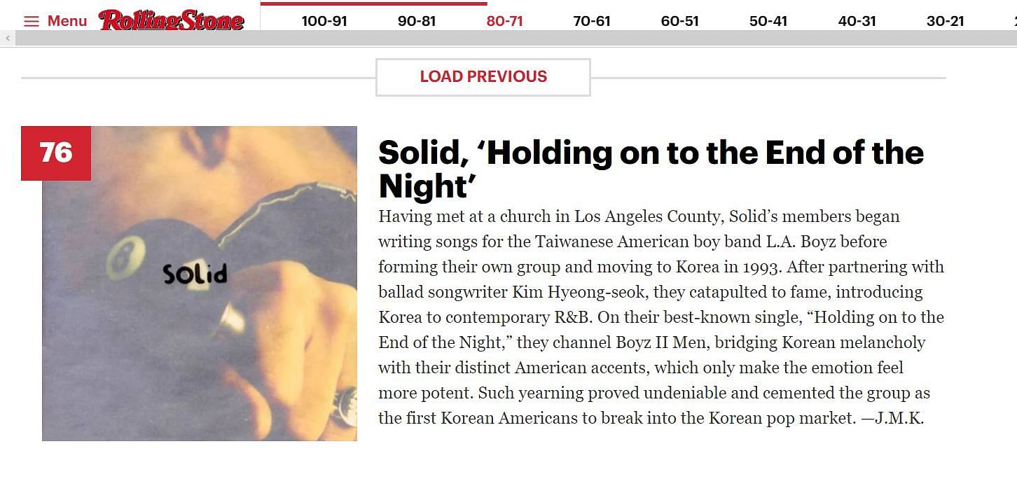 SOLID&#039;s Holding the End of this Night was chosen in the list of top 100 K-pop songs of the century by Rolling Stone