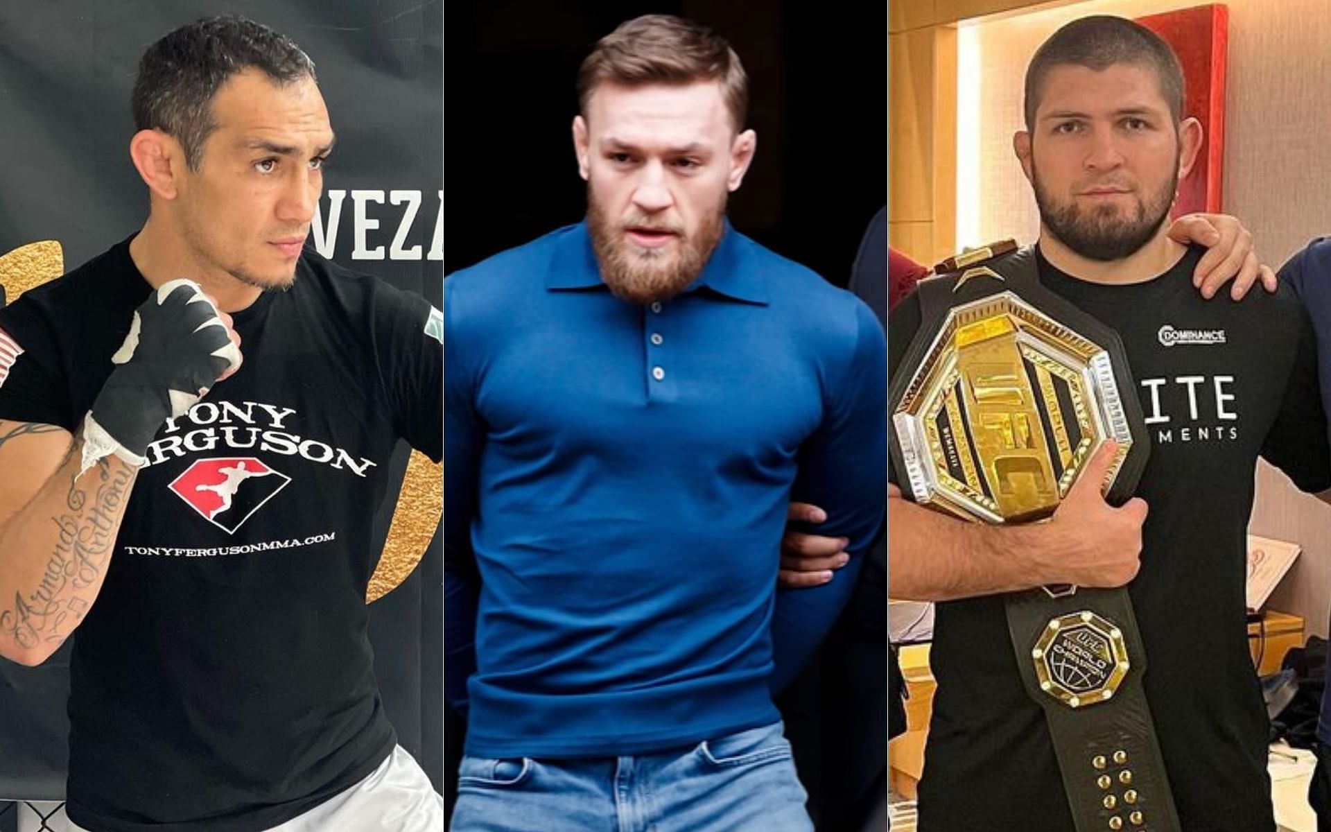 Tony Ferguson (left) Conor McGregor (center) Khabib Nurmagomedov (right) [Image courtesy @tonyfergusonxt @khabib_nurmagomedov on Instagram @HollywoodLife on Twitter]