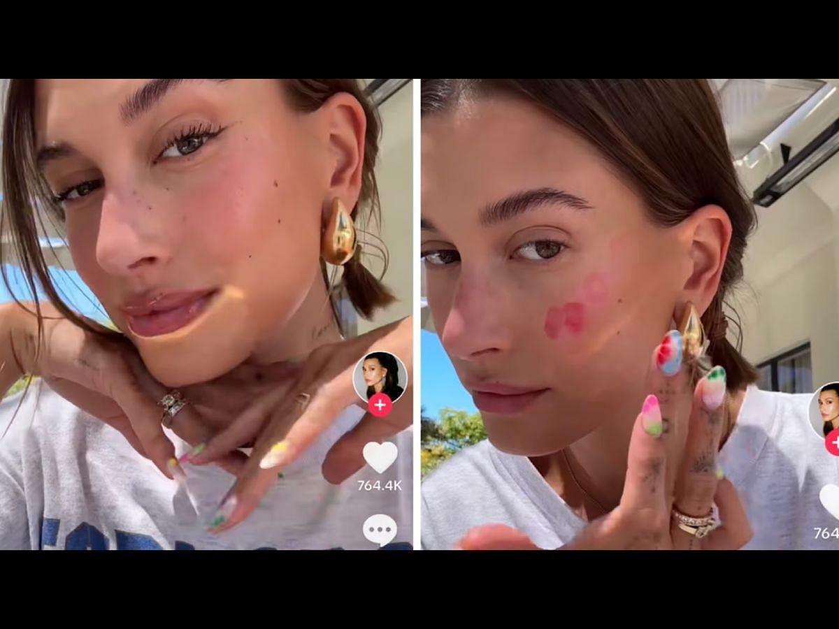 Hailey Bieber&#039;s Strawberry Makeup Tutorial (Image via TikTok/ @haileybieber)