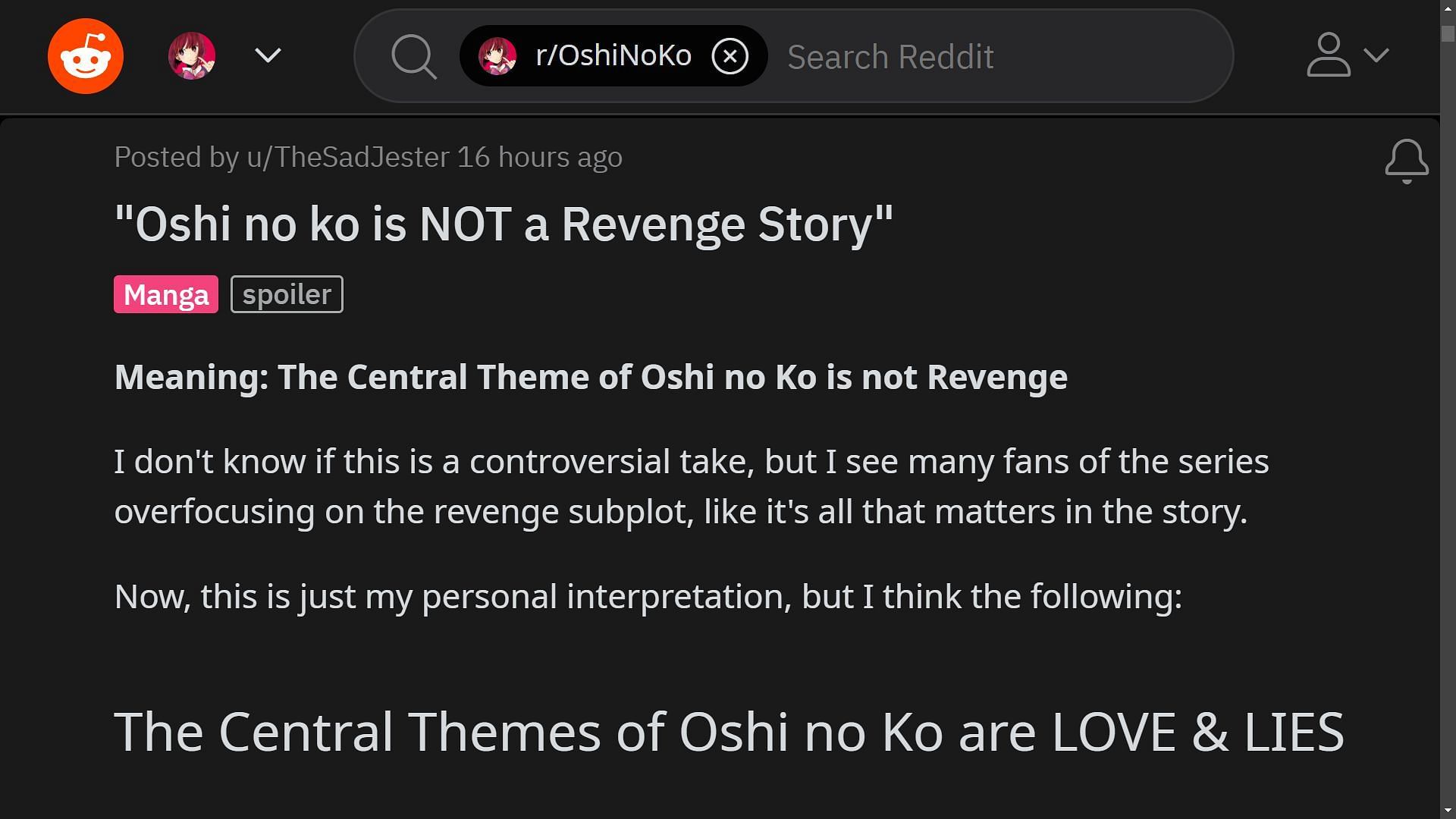 A fan on Reddit explains how the theme of the series is no revenge (Image via Reddi thread r/OshiNoKo)