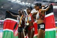 Bronze medalist Faith Cherotich of Team Kenya, gold medalist Winfred Mutile Yavi of Team Bahrain and silver medalist Beatrice Chepkoech of Team Kenya during Day 9 of the 2023 World Athletics Championships