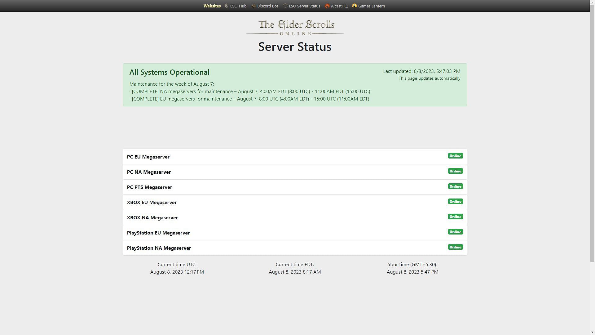 A still of the ESO server status website (Image via esoserverstatus.net)