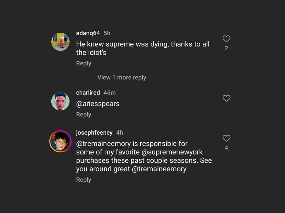 Fans reacting to Tremain Emory Leaving Supreme (Image via Instagram/@sneakerfreakermag)