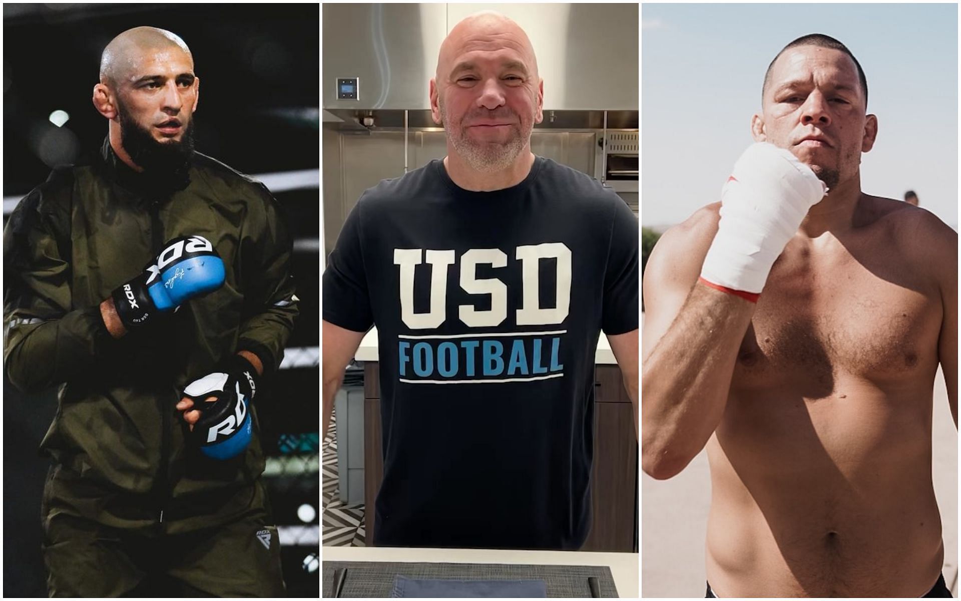 Khamzat Chimaev, Dana White and Nate Diaz