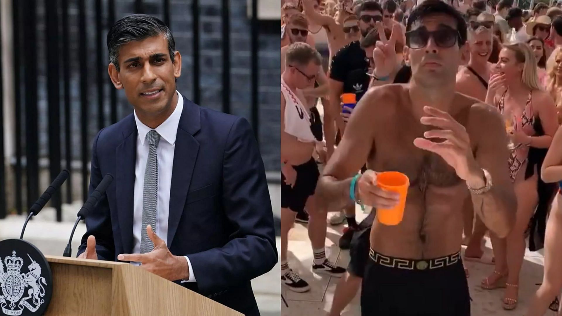 Viral claim about UK Prime Minister Rishi Sunak seen dancing shirtless in Ibiza has been debunked. (Image via Getty Images, Instagram/@waynelineker)
