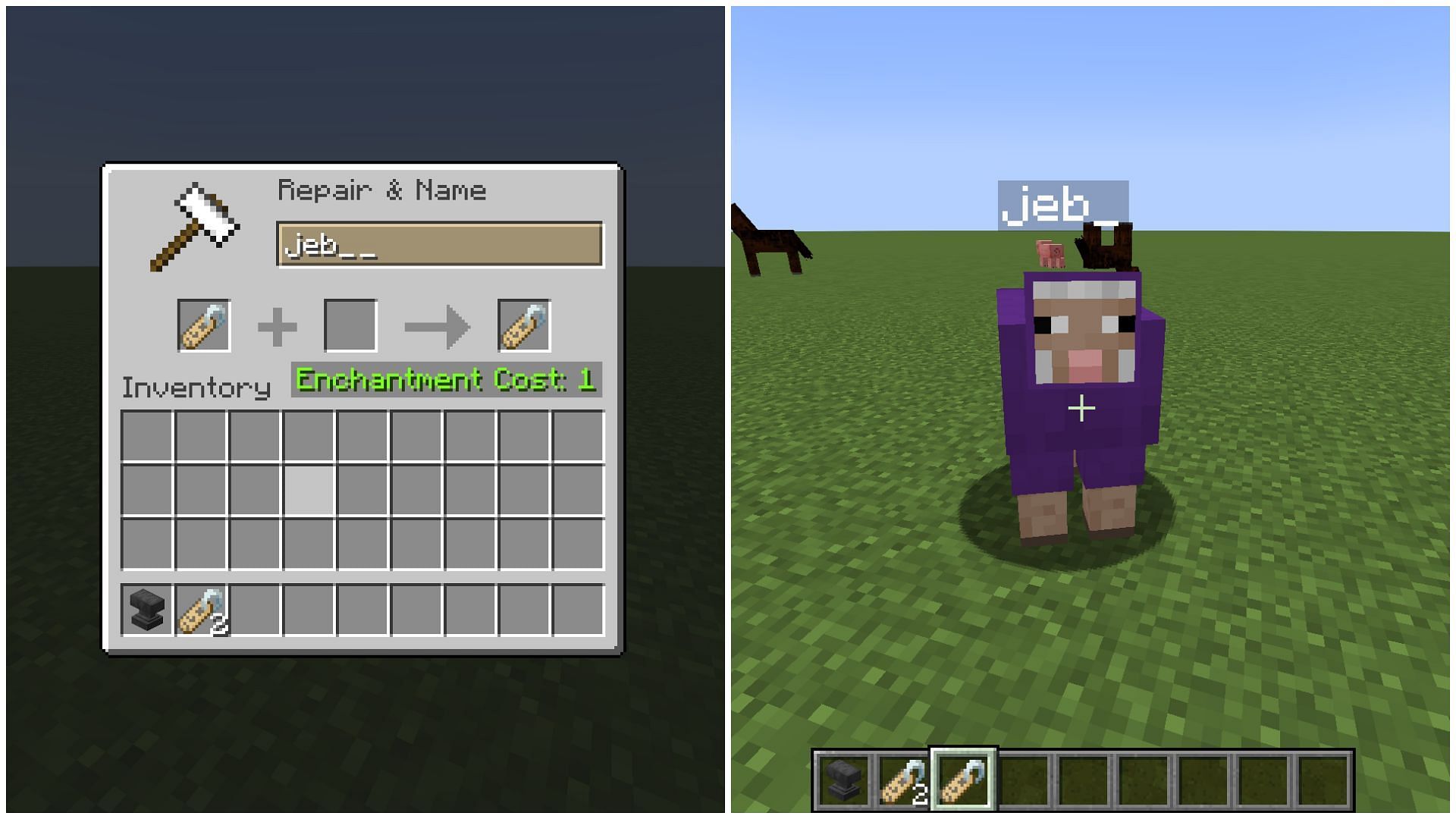 The &#039;jeb__&#039; name tag makes sheep&#039;s wool cycle through rainbow colors in Minecraft 1.20 (Image via Sportskeeda)