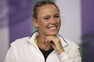 Caroline Wozniacki talks to the press at the 2023 US Open.