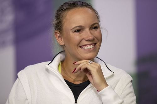 Caroline Wozniacki talks to the press at the 2023 US Open.