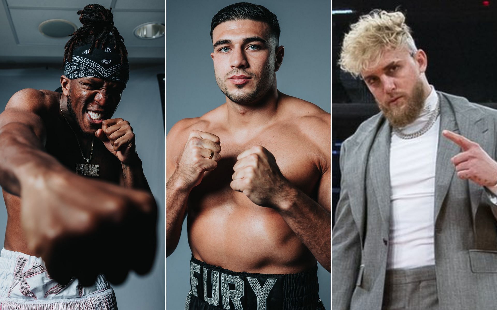 KSI [Left], Tommy Fury [Middle], and Jake Paul [Right] [Photo credit: @DAZNBoxing and @jakepaul - Twitter]