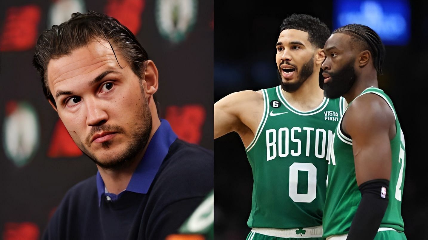 Former Boston Celtics forward Danilo Gallinari and Celtics stars Jayson Tatum and Jaylen Brown