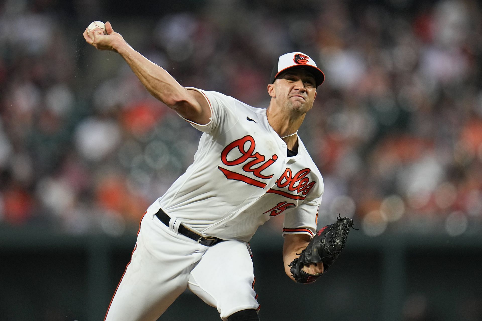 Baltimore Orioles starting pitcher Jack Flaherty throws against the Houston Astros in the third inning in Baltimore