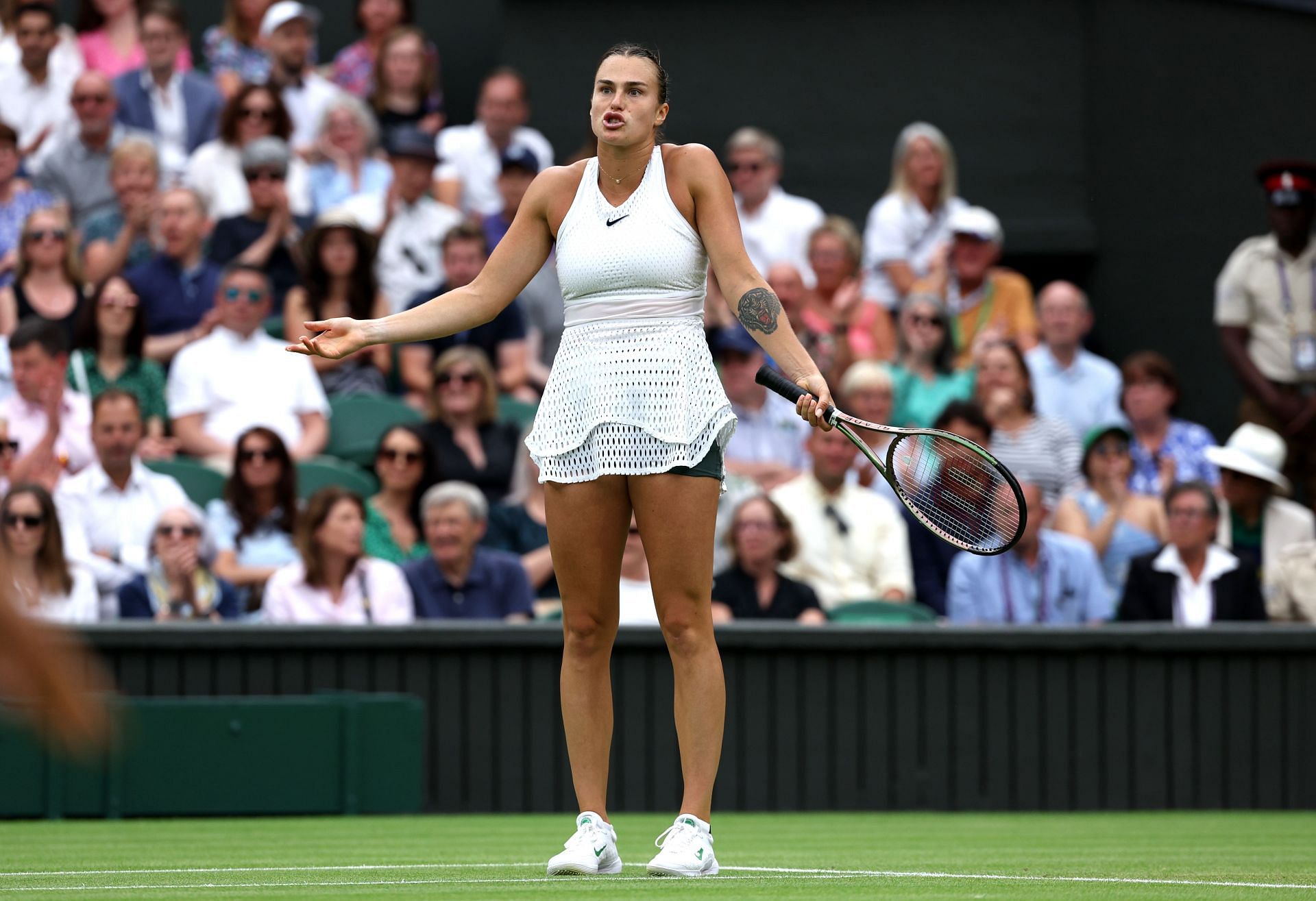 Aryna Sabalenka reacts during her match against Ons Jabeur: Wimbledon 2023