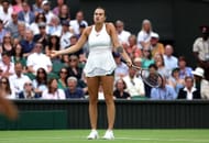 Aryna Sabalenka reacts during her match against Ons Jabeur: Wimbledon 2023