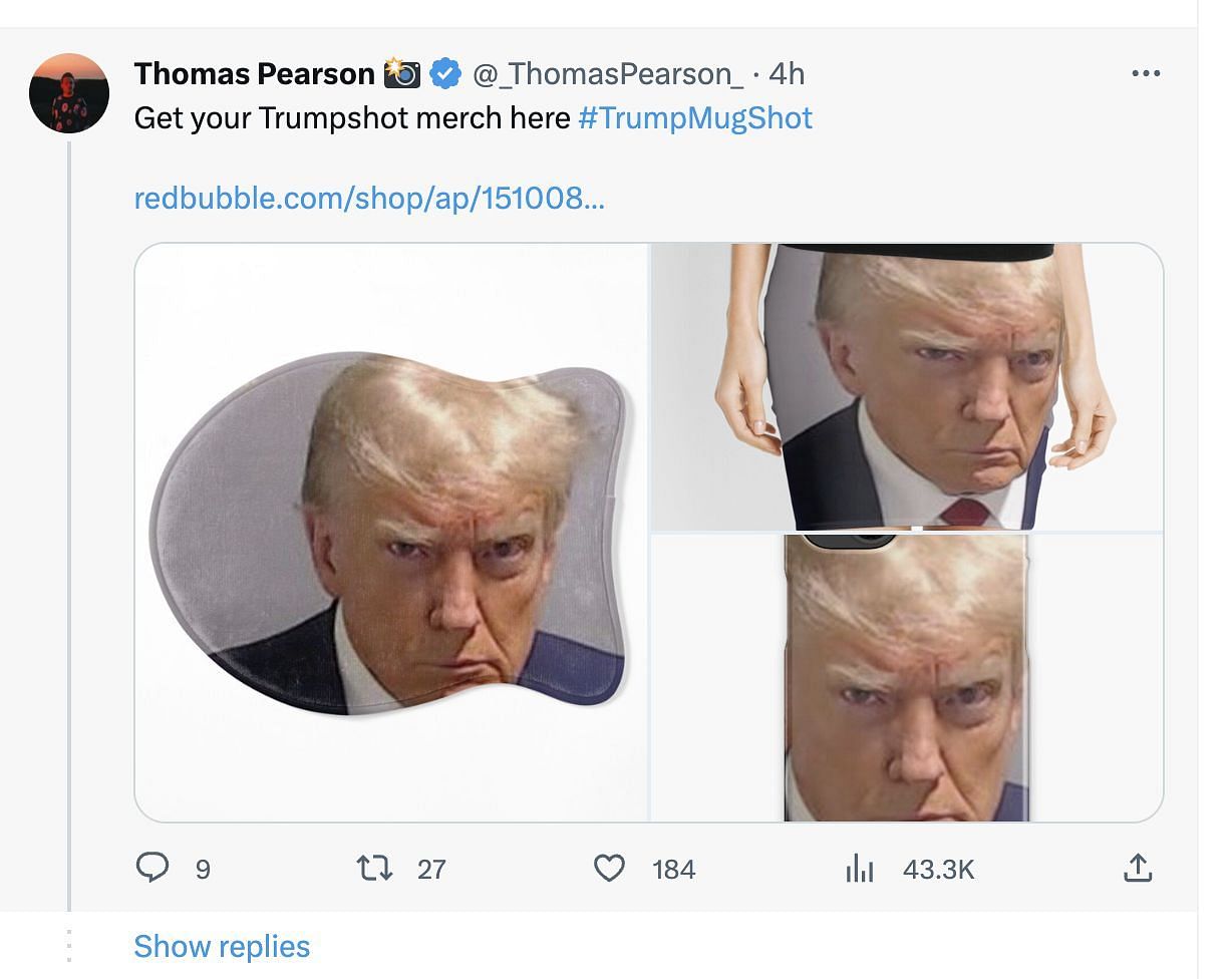 Social media users go gaga as Trump&#039;s mugshot merchandise makes way on social media following his arrest. (Image via Twitter)