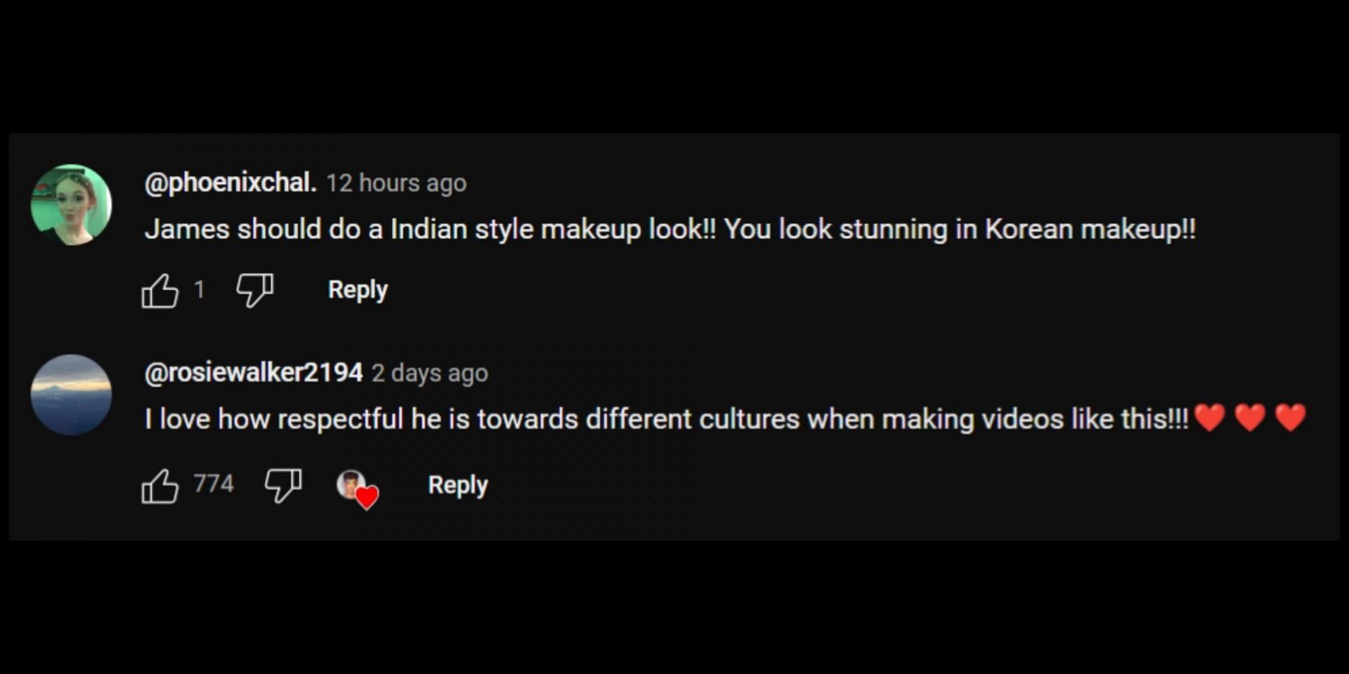 Positive reactions to James&#039; makeup video. (Image via YouTube/@JamesCharles)