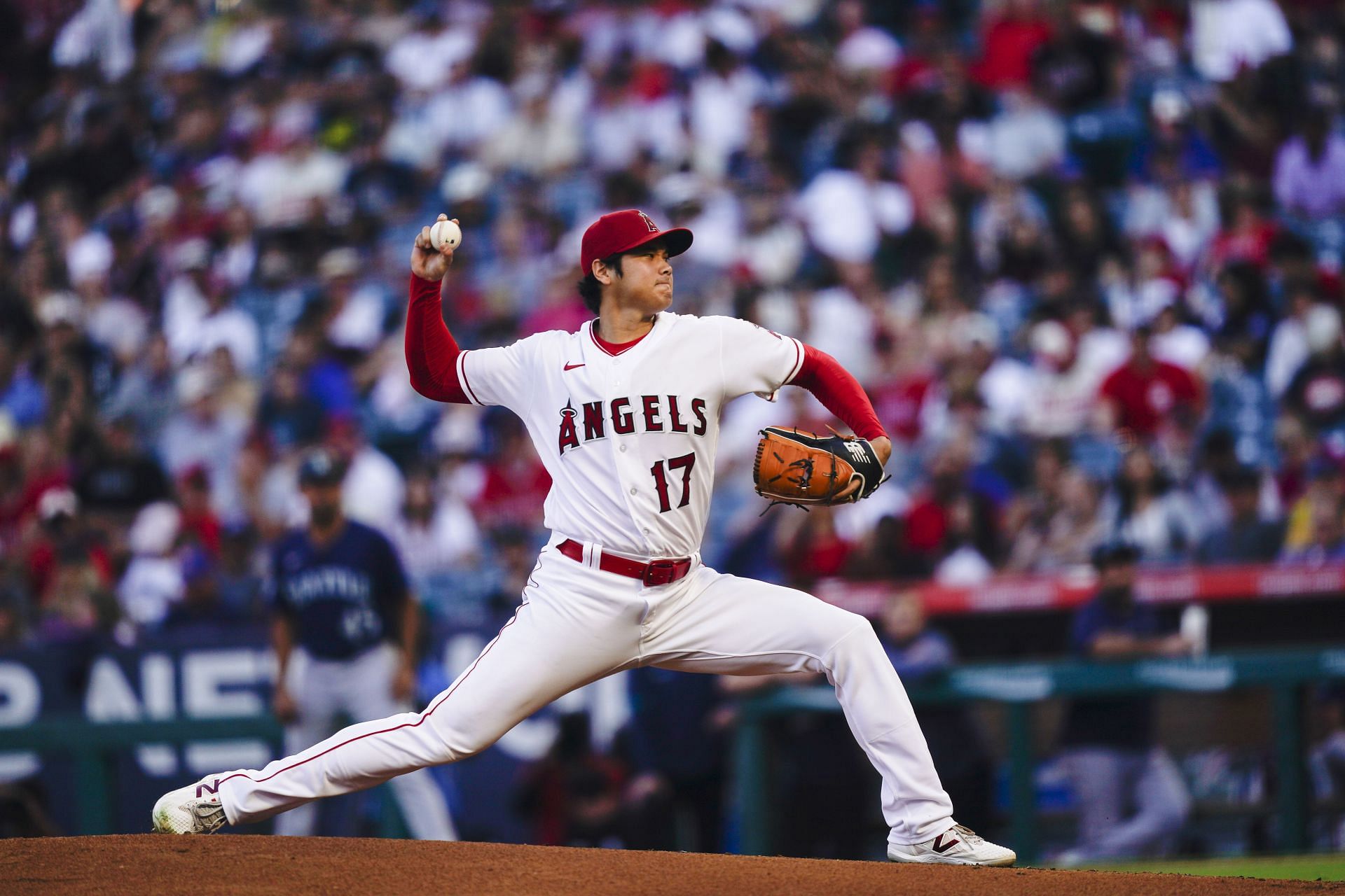 Los Angeles Angels starting pitcher Shohei Ohtani delivers a pitch against the Seattle Mariners in Anaheim