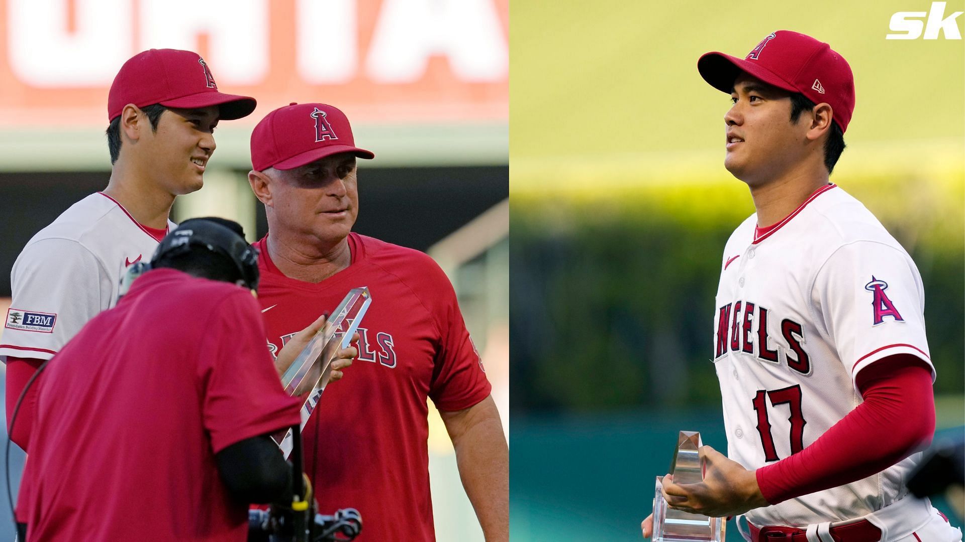 Shohei Ohtani poses with Los Angeles Angels manager Phil Nevin