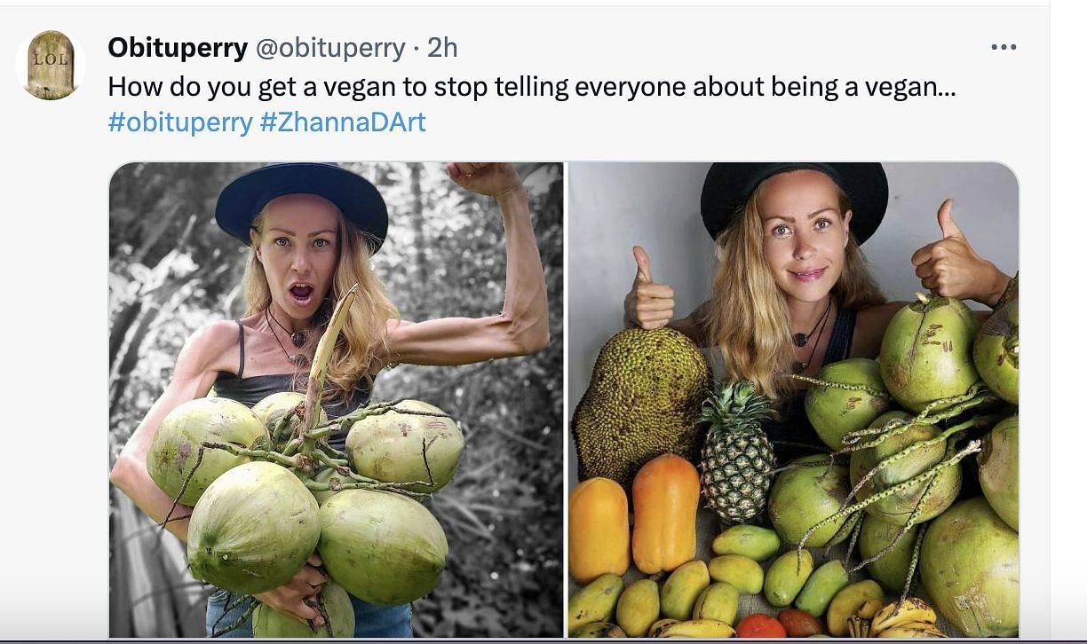 Social media users mourn the death of the vegan influencer, who passed away at 39 due to starvation while following a fruit-only diet. (Image via Twitter)