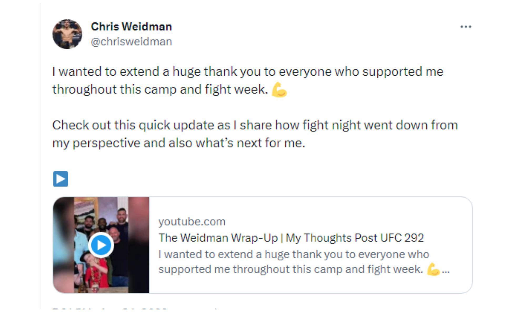 Chris Weidman&#039;s tweet thanking his team