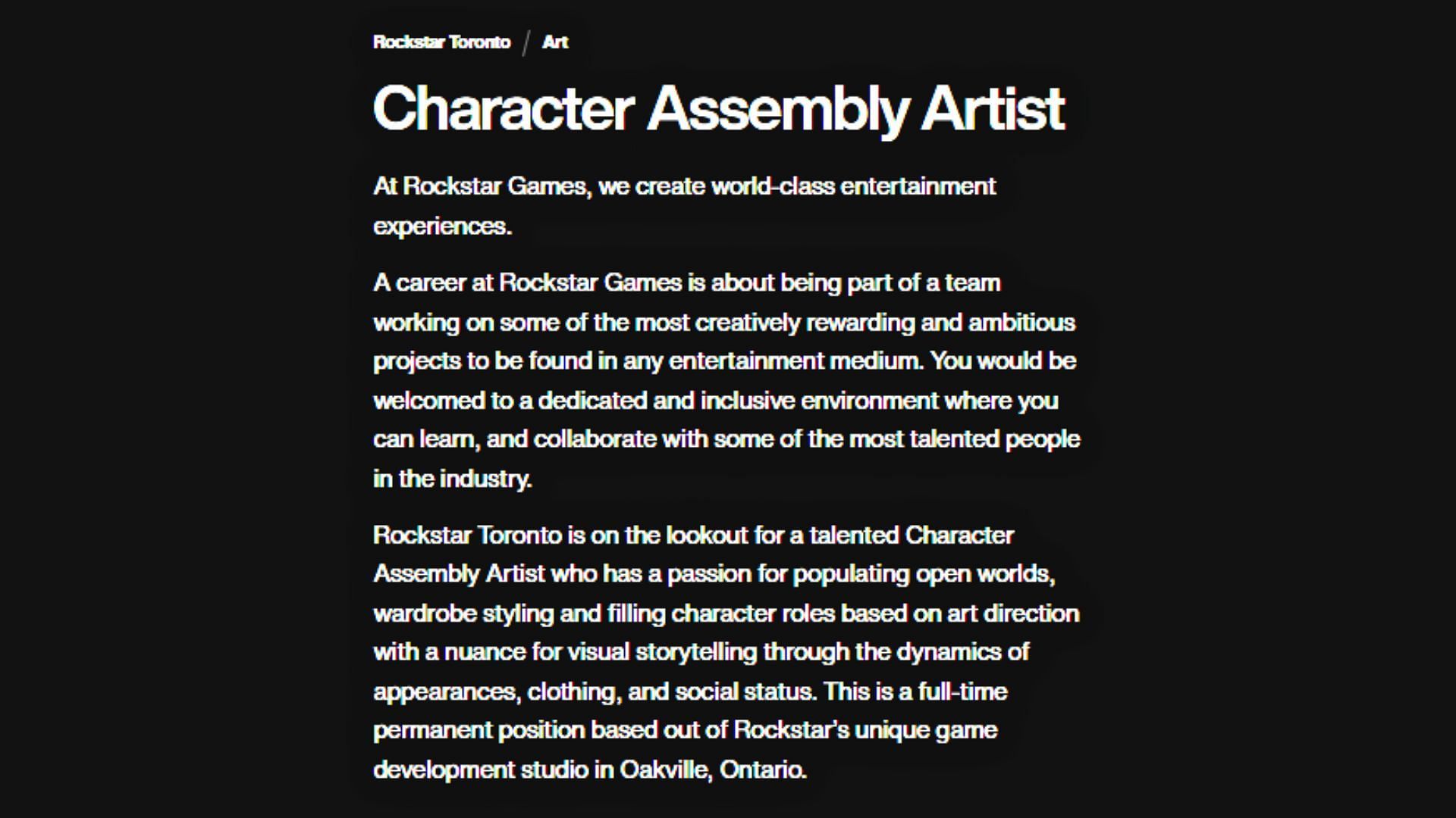 Rockstar Games is looking for a Character Assembly Artist (Image via Rockstar Games)