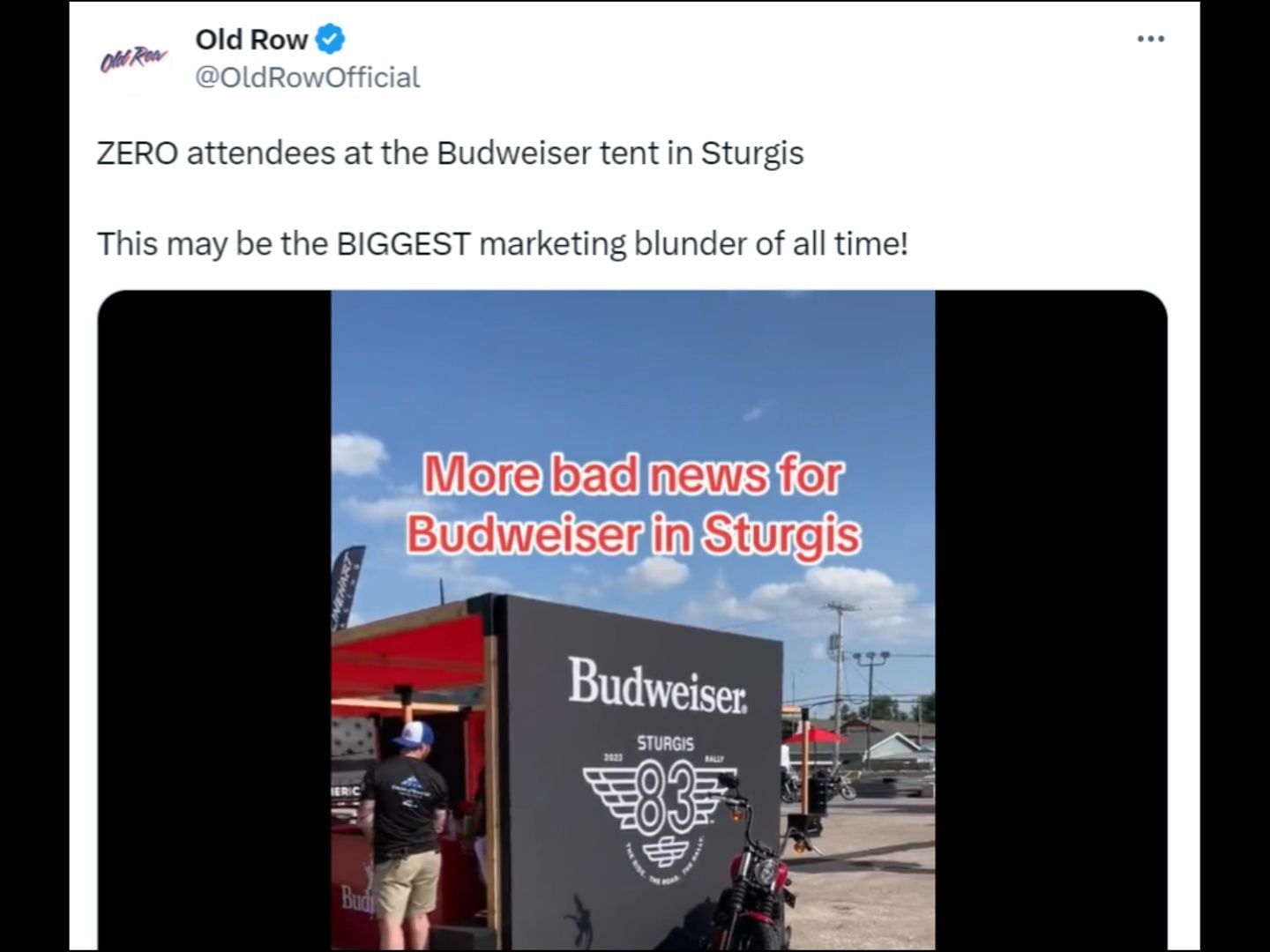 No attendee shows up at Budweiser&#039;s booth at the Sturgis motorcycle rally. (Image via X/Old Row)