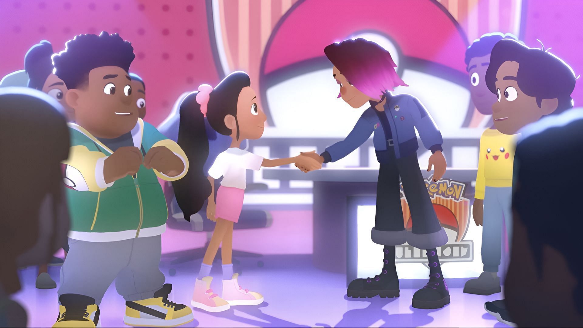 Ava and Celestine shake hands during the regional competition in Pokemon: Path to the Peak.