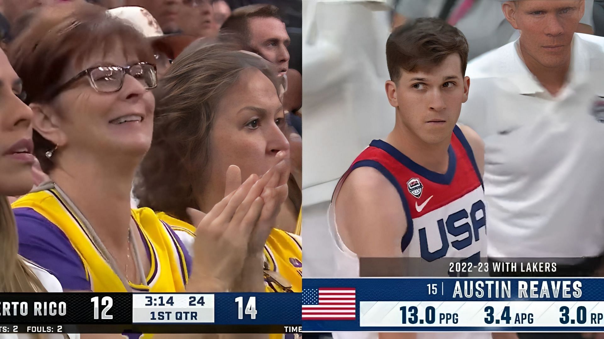 Austin Reaves knocks down a 3 as he checks in in front of two of his aunts
