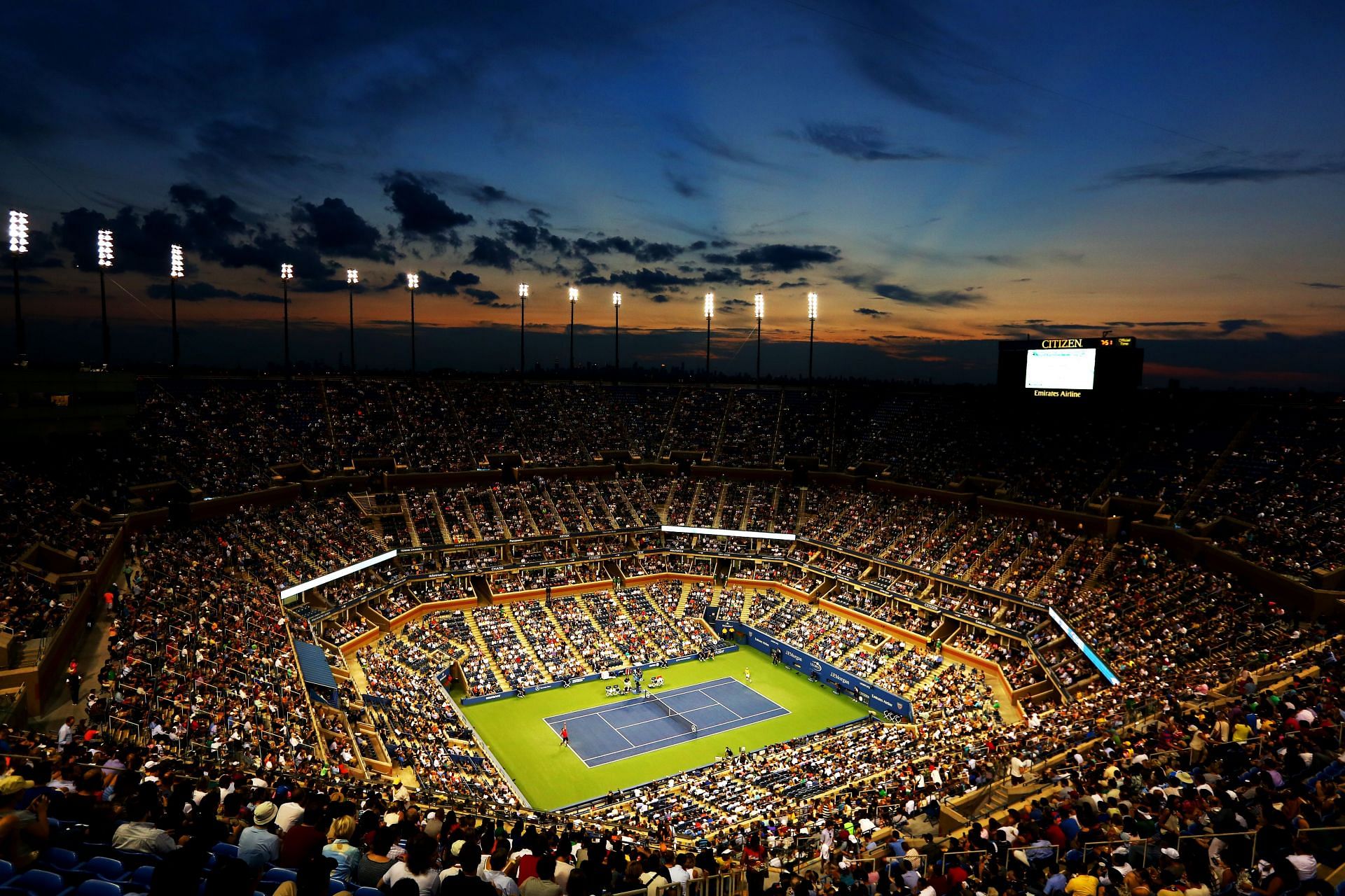 Play on Arthur Ashe Stadium commences at 12 noon.