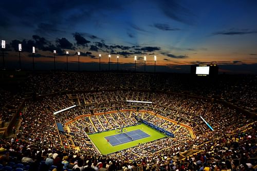 Play on Arthur Ashe Stadium commences at 12 noon.