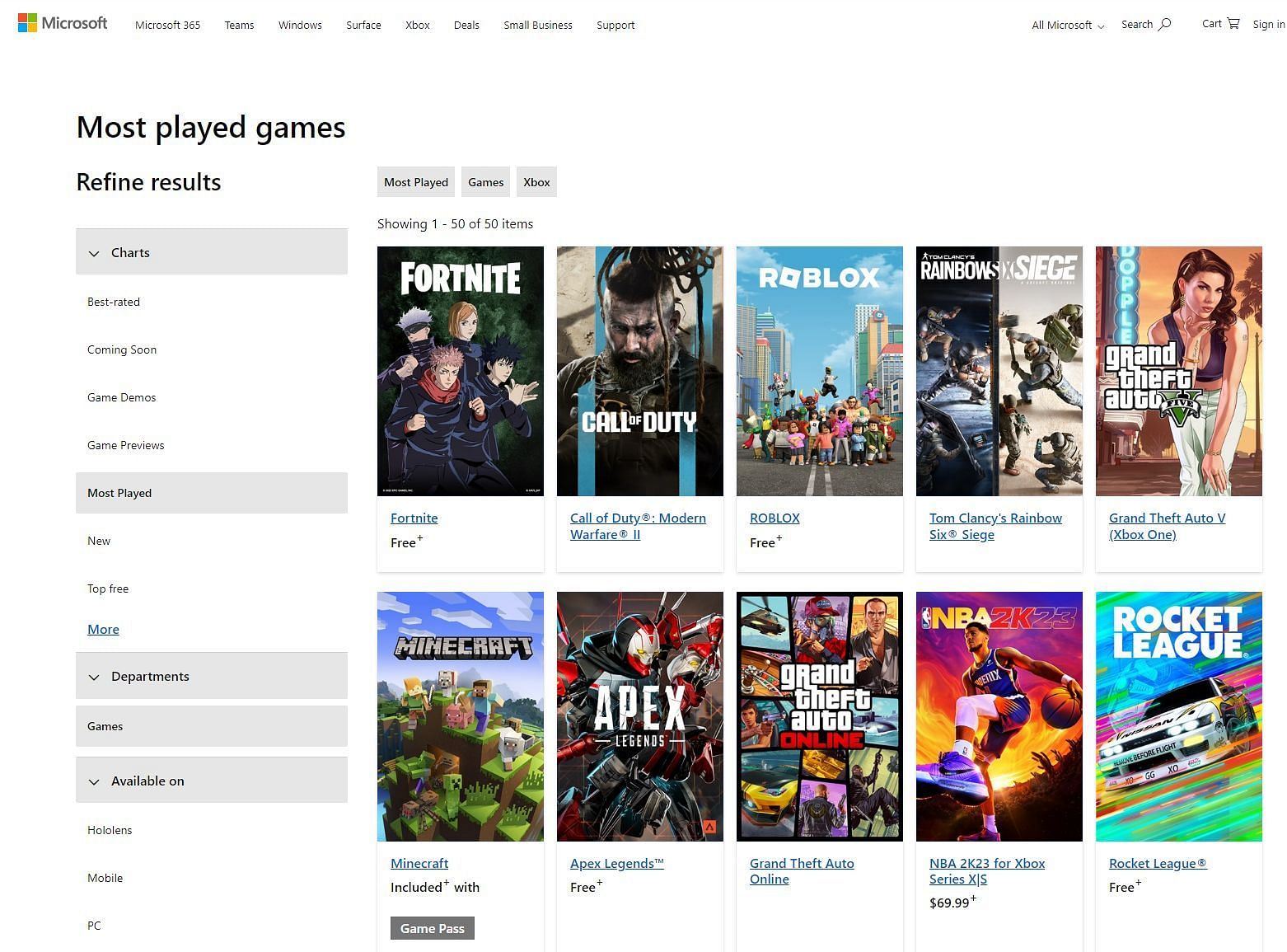 Microsft most played games list (Image via microsoft.com)