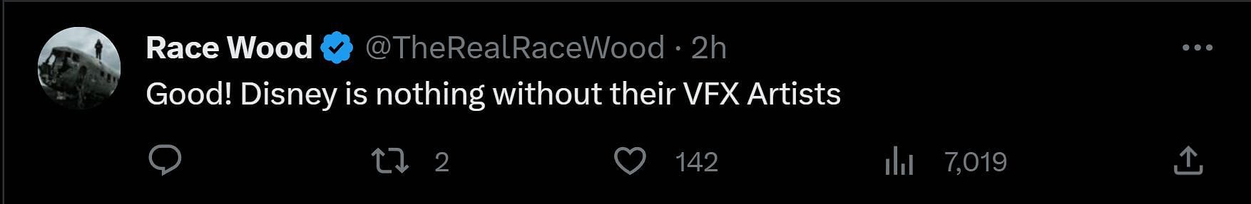 A tweet reply to DF&#039;s post about VFX workers (Image via X)