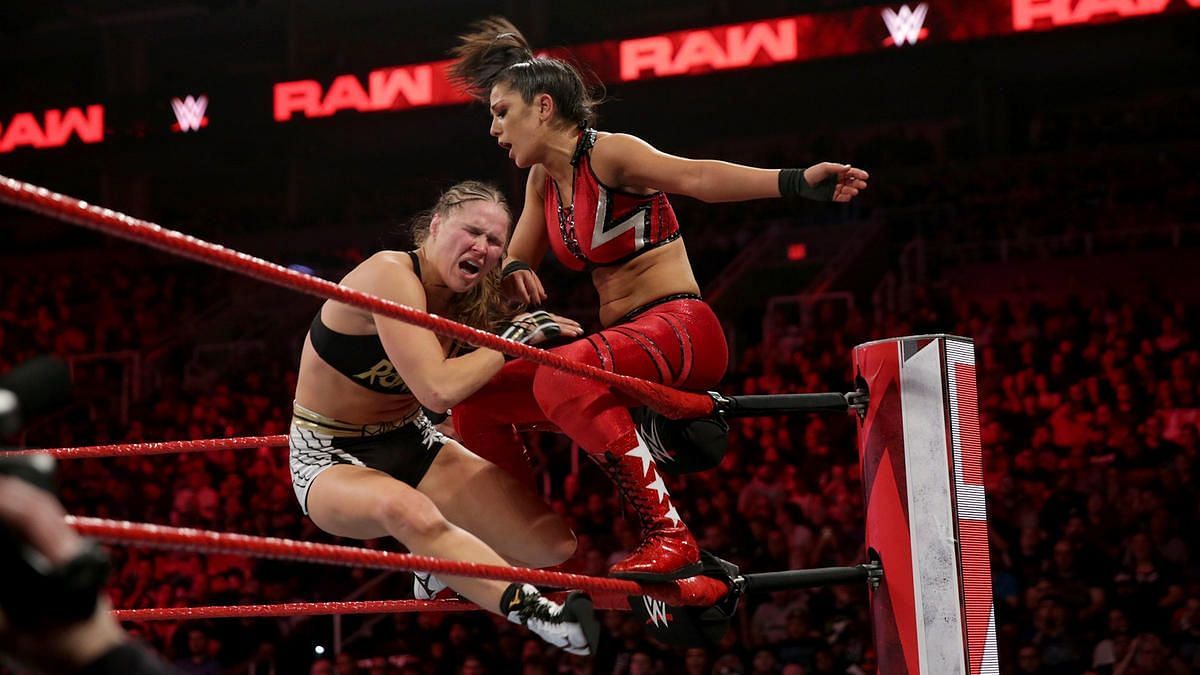 Ronda Rousey vs. Bayley in an episode of WWE Raw in 2019.
