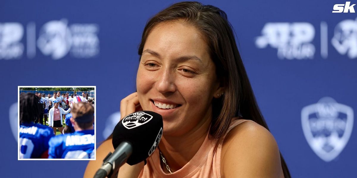 Jessica Pegula addresses the Buffalo Bills team during practice