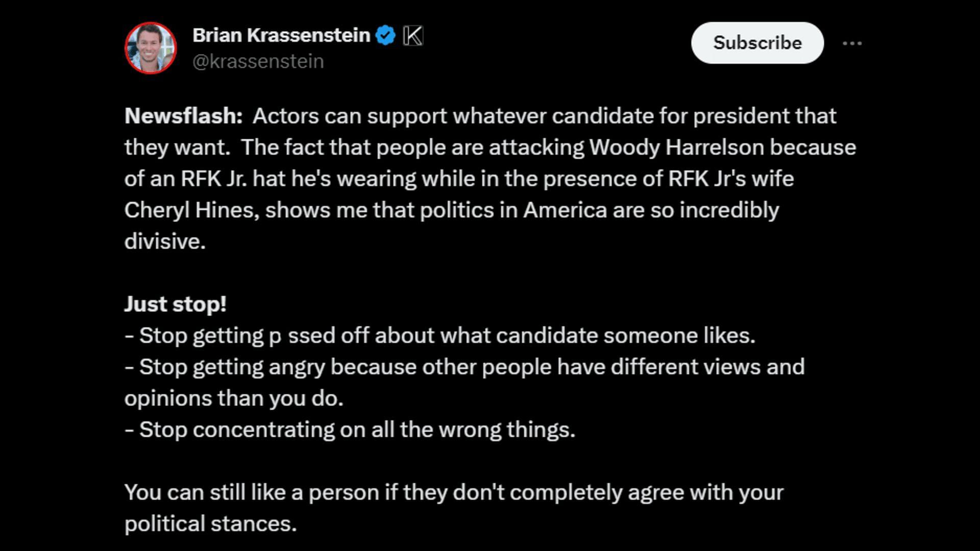 A netizen saying that Woody Harrelson, like anybody else, can support whoever he wants. (Image via X/Brian Krassenstein)