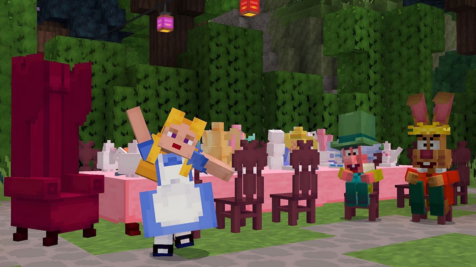 Enjoy a very happy un-birthday in Minecraft&#039;s Disney Worlds of Adventure DLC! (Image via Mojang/Disney)
