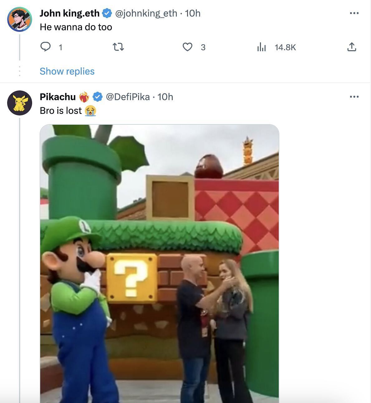 Social media users share hilarious reactions as video of Luigi giving blank expressions to a couple&#039;s proposal goes viral. (Image via Twitter)