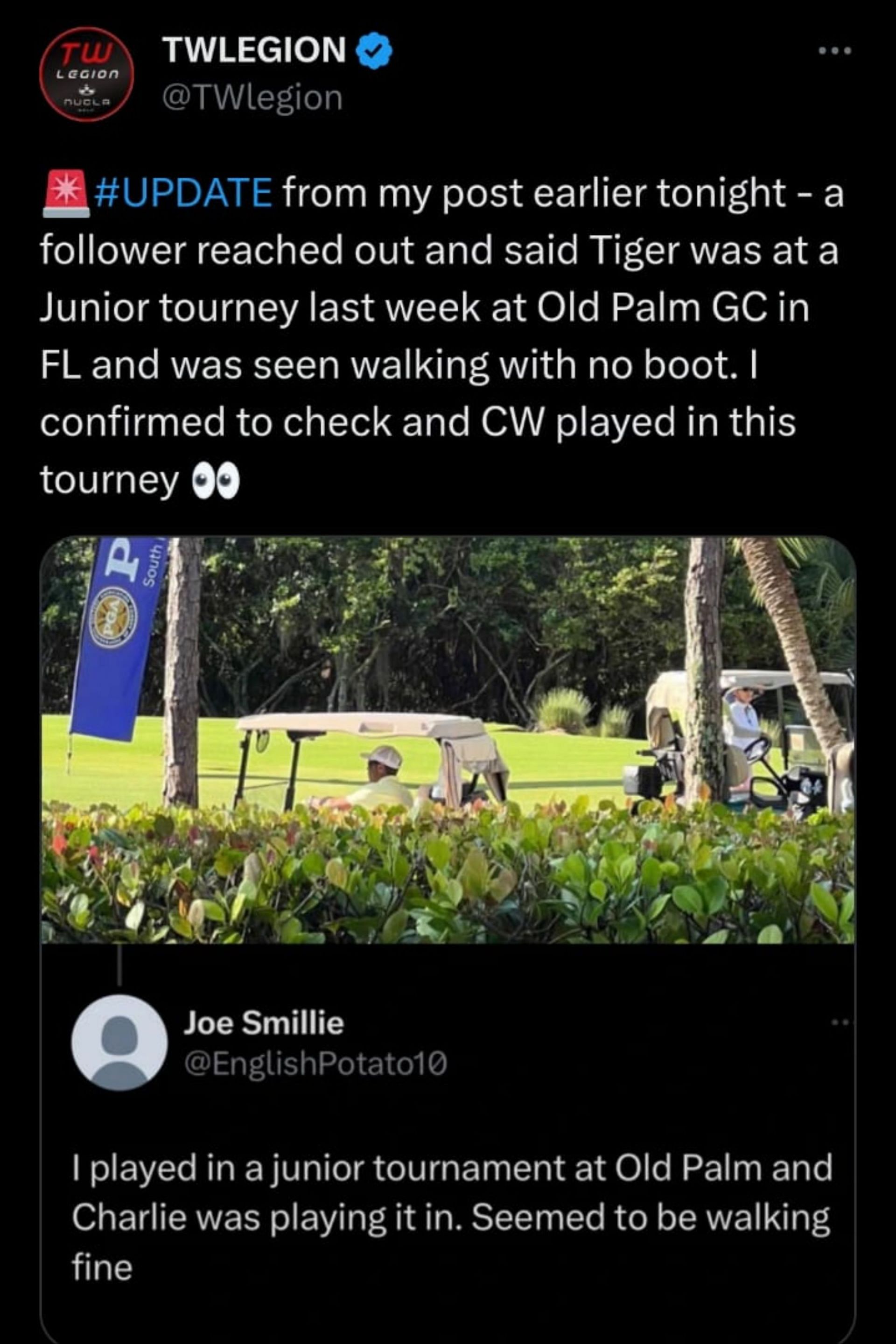 TW Legion shared an important update about Tiger Woods&#039; health (Image via Twitter.com/TWlegion)