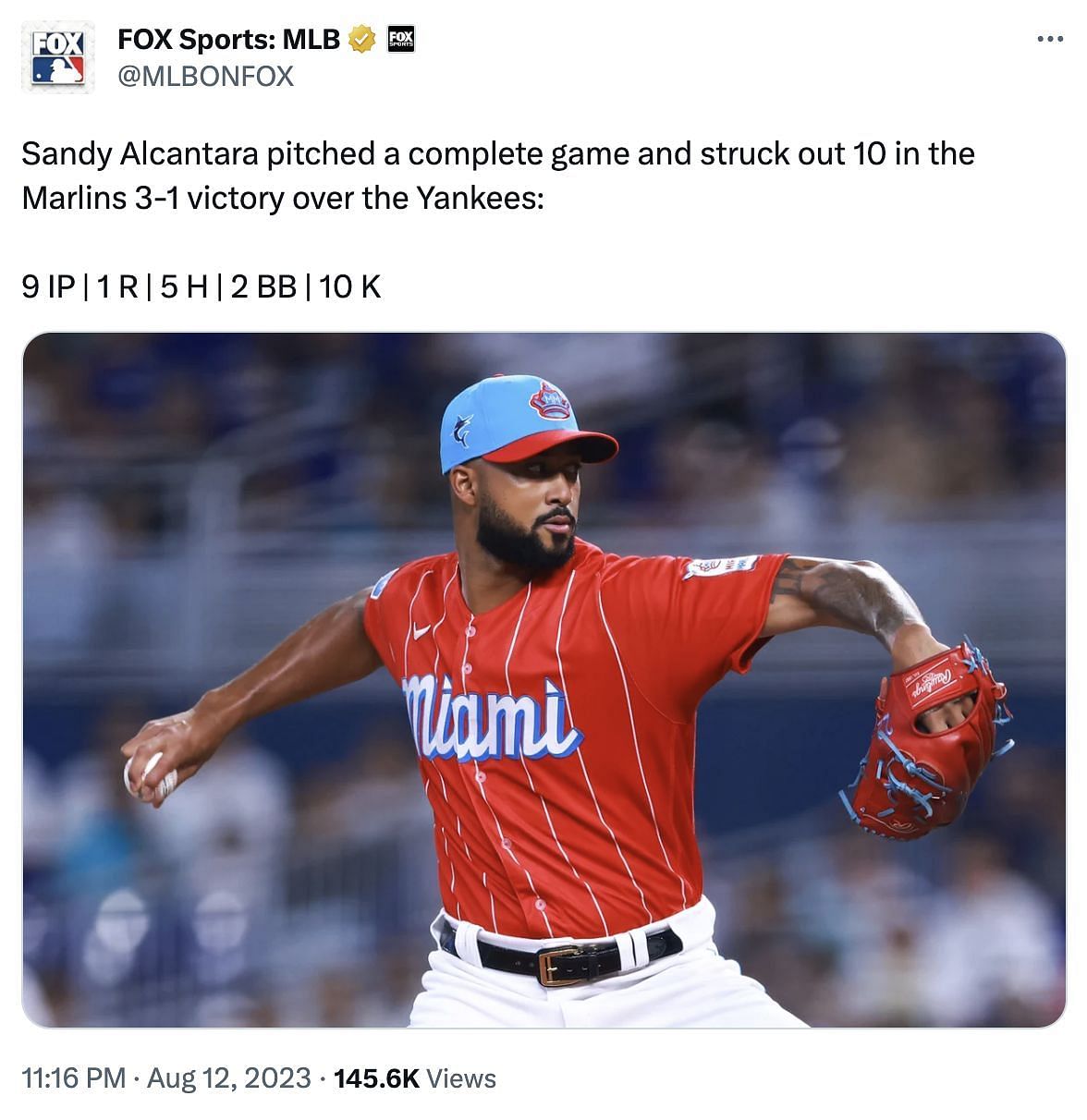 &quot;Sandy Alcantara pitched a complete game and struck out 10 in the Marlins 3-1 victory over the Yankees: 9 IP | 1 R | 5 H | 2 BB | 10 K&quot; - FOX Sports: MLB
