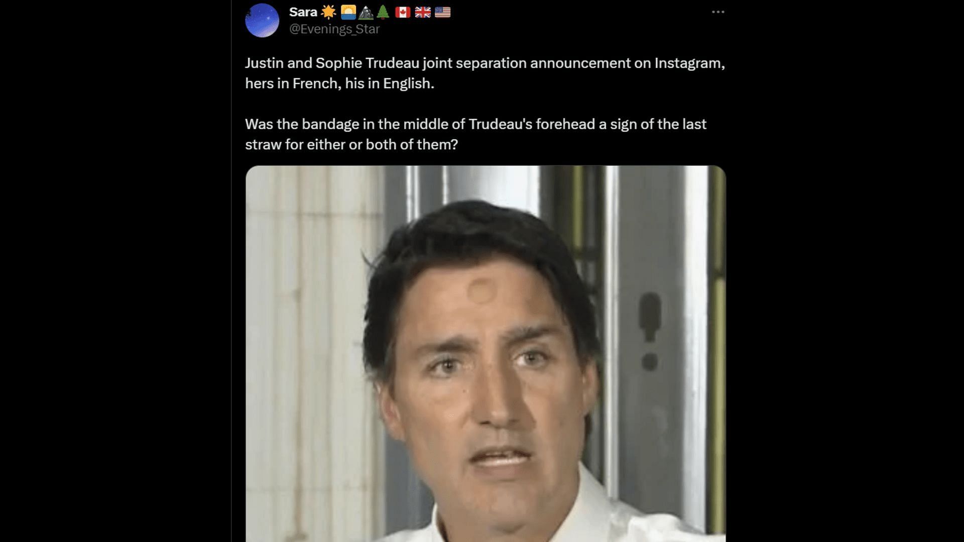 A netizen speculating about the mark on Trudeau&#039;s forehead. (Image via Twitter/Sara)