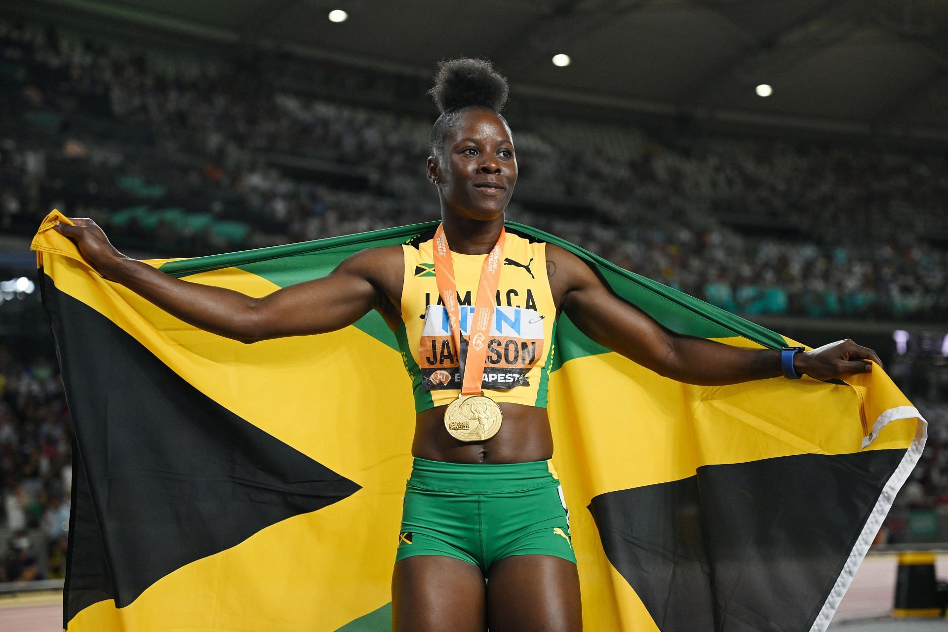Shericka Jackson after winning the women&#039;s 200m final at the 2023 World Athletics Championships Budapest