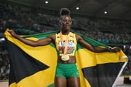 Shericka Jackson after winning the women's 200m final at the 2023 World Athletics Championships Budapest