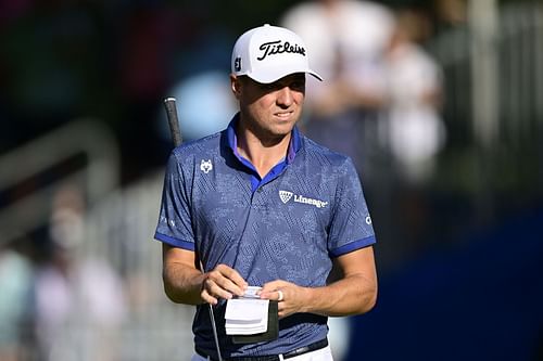 Justin Thomas walks on the 18th green during the second round of the 2023 Wyndham Championship