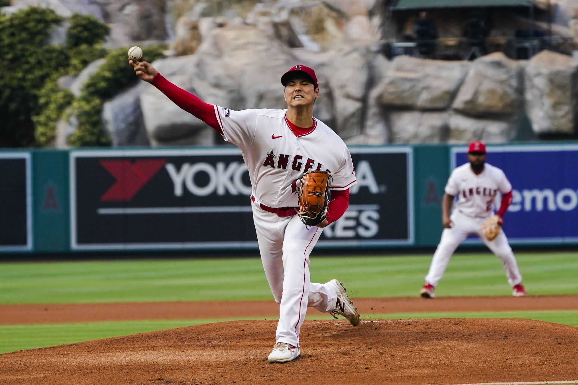 Starting pitcher Shohei Ohtani throws against the San Francisco Giants in Anaheim