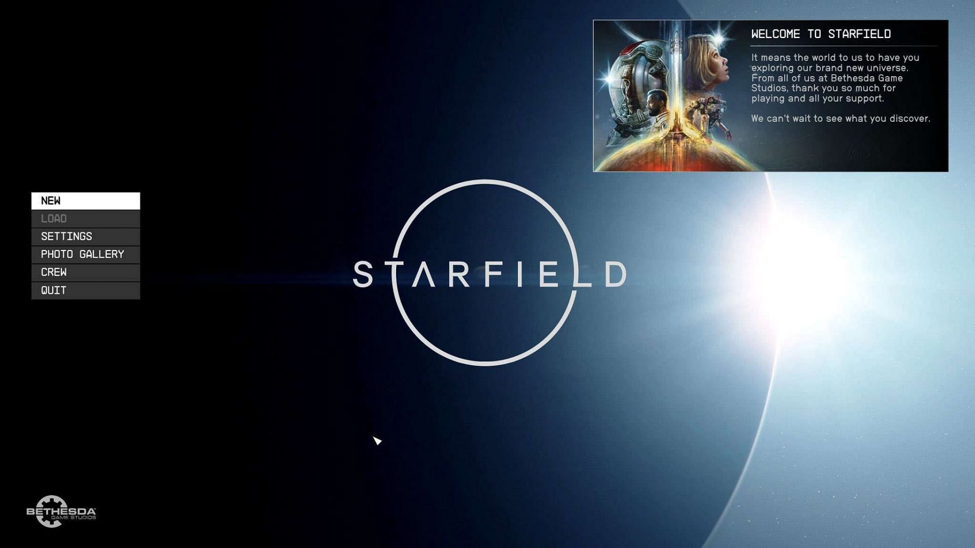 The Starfield start screen is really minimalistic. 