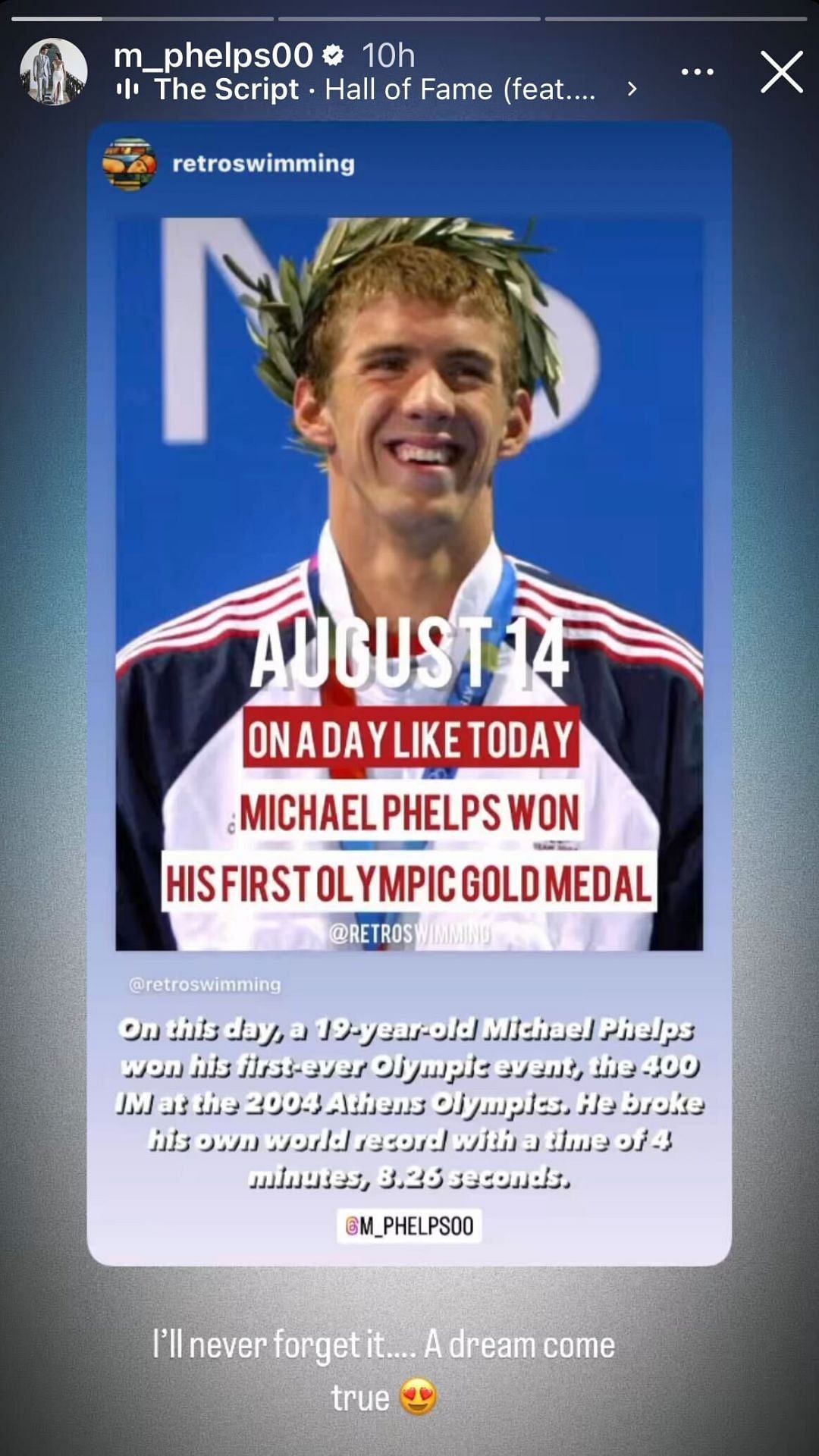Michael Phelps celebrates his Olympics win from 2004 (Image via Instagram)