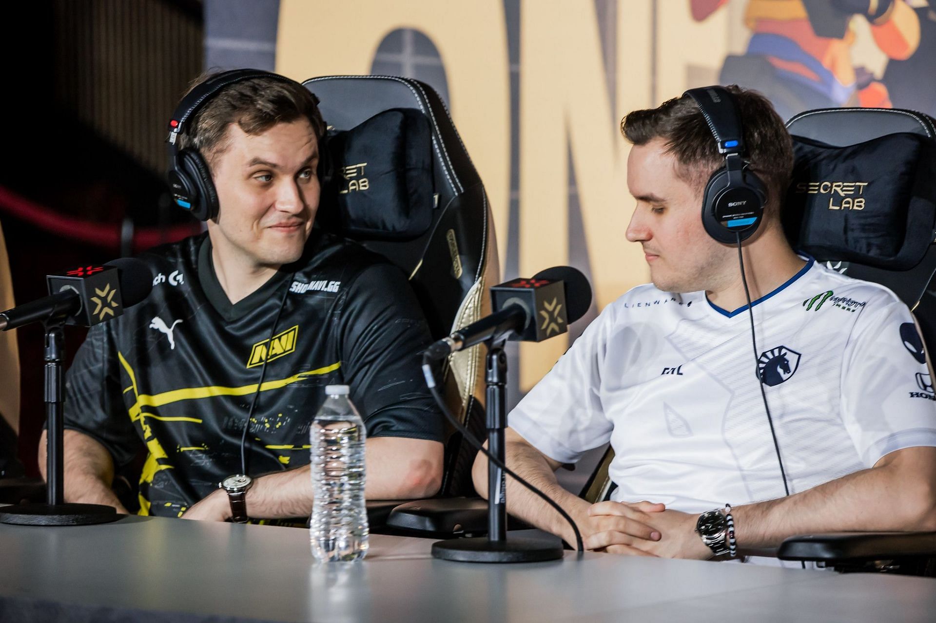 NAVI d00mbr0s and TL eMIL at Valorant Champions pre-event press conference (Image via Riot Games)