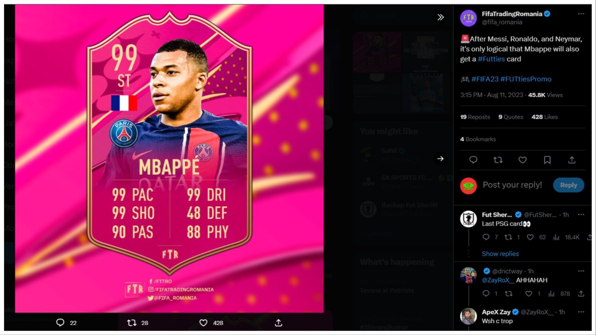 FUTTIES Kylian Mbappe has been leaked. (Image via Twitter/FIFATradingRomania)